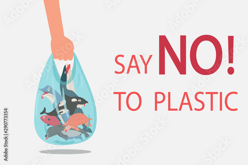 vector illustration of hands holding a plastic bag with marine life. concept of environment pollution.