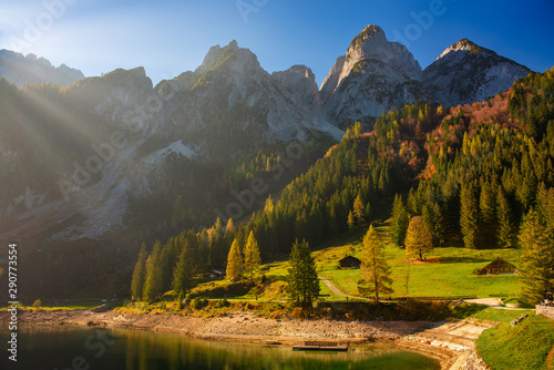 Idyllic colorful autumn scenery with Donnerkogel mountain range and Gosausee mountain lake, Upper Austria
