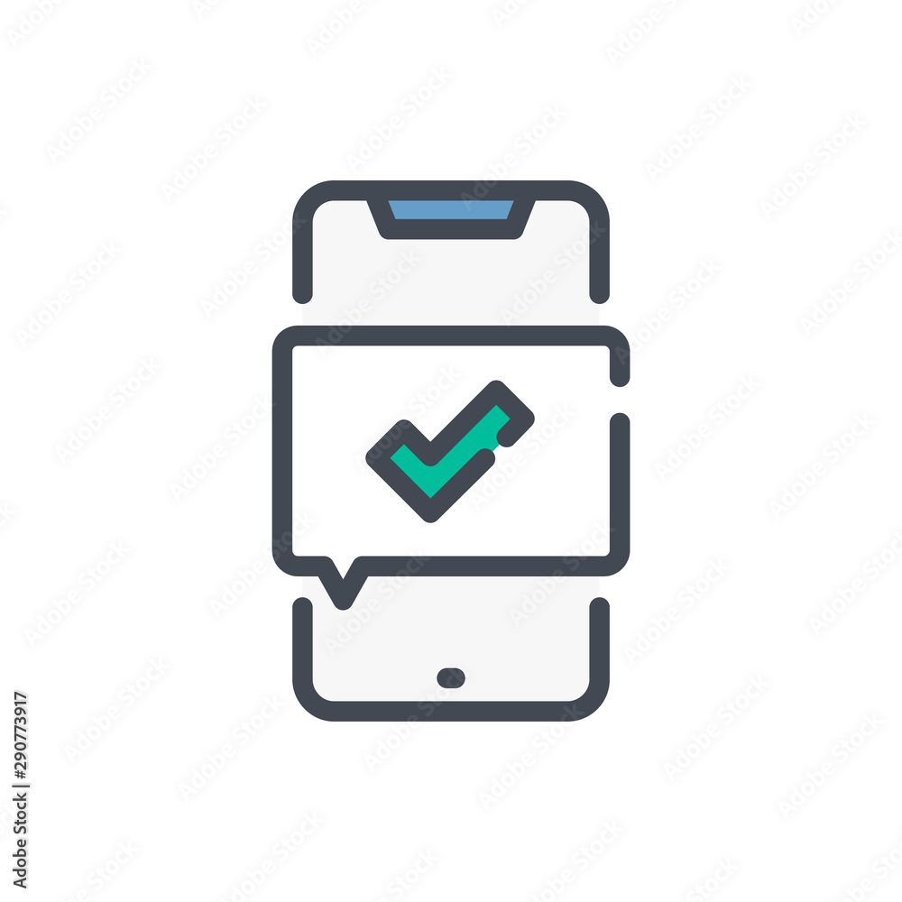 Mobile phone with sms confirmation color line icon. Smartphone with check mark vector outline colorful sign. Mobile phone with sms confirmation color line icon. Smartphone with check mark vector outline colorful sign.