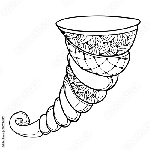 Outline empty thanksgiving Horn of plenty or Cornucopia in black isolated on white background.