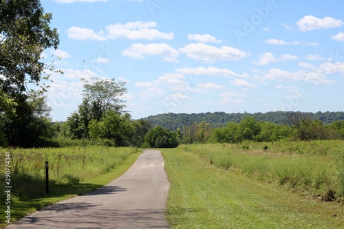 A long pathway in the countryside park on a sunny day.