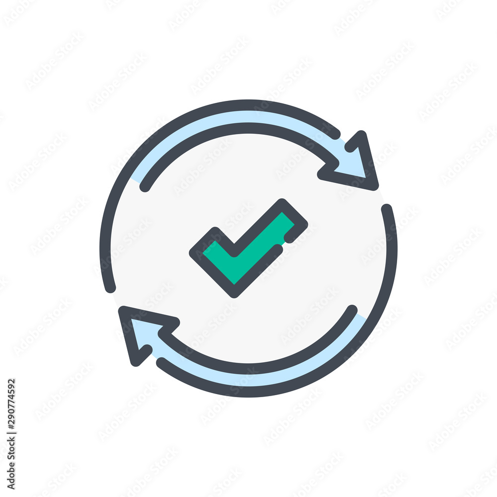Update with tick color line icon. Upgade and refresh accepted, check mark vector outline colorful sign. Update with tick color line icon. Upgade and refresh accepted, check mark vector outline colorful sign.