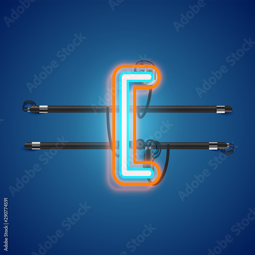 Realistic glowing double neon charcter on and off from a fontset, vector illustration
