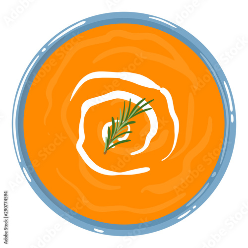 Pumpkin soup in a bowl with sour cream and rosemary, top view, isolated on white background. Healthy clean balanced natural vegetarian detox meal. Vector illustration.