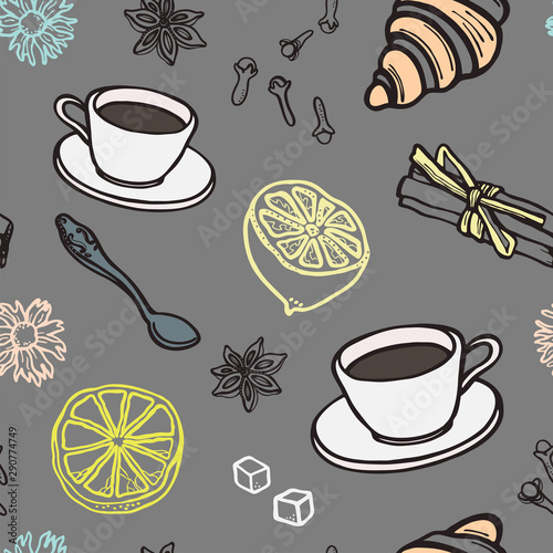 Seamless tea and coffee pattern. Pattern with a cup, croissant, cinnamon, lemon, cloves, aniseed.