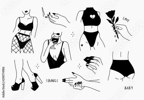 Stylish graceful faceless lady. Hand drawn outline body parts. Slim waist, black nails, legs with shoes, hand holding cigarette and rose. Black vector trendy illustration. All elements are isolated