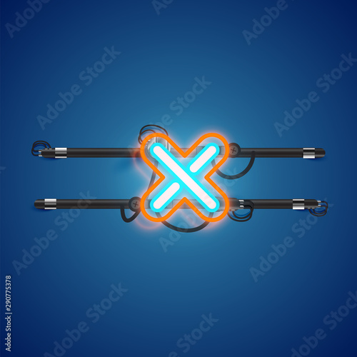 Realistic glowing double neon charcter on and off from a fontset, vector illustration