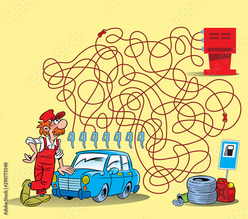 Puzzle the labyrinth where it is necessary to solve what hose can be filled the car.