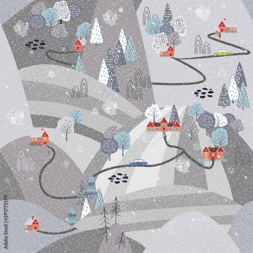 Forest seamless pattern background with winter trees.