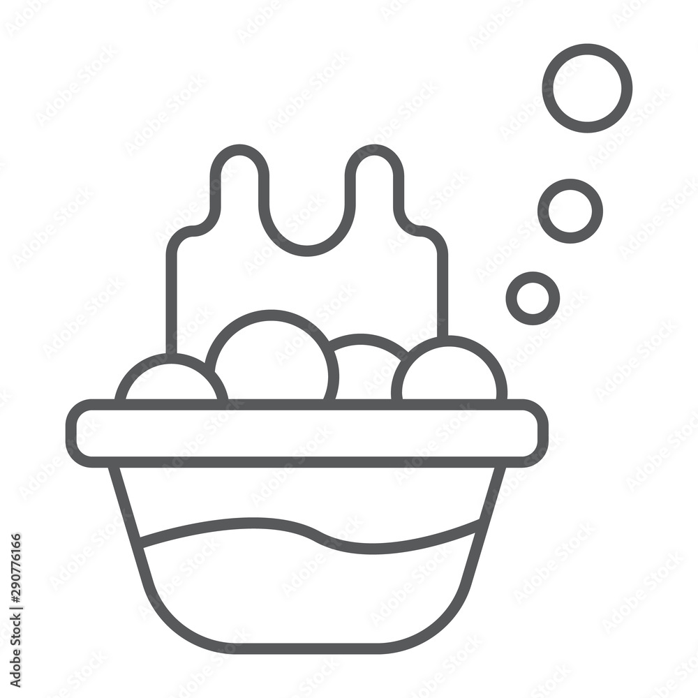 Basin with the clothes thin line icon, laundry and wash, laundering in basin sign, vector graphics, a linear pattern on a white background. Basin with the clothes thin line icon, laundry and wash, laundering in basin sign, vector graphics, a linear pattern on a white background.