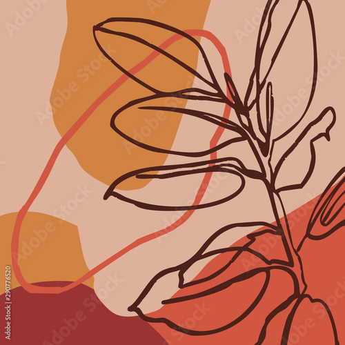 Abstracte print plant één lijn en geometrische vormen in een eigentijdse stijl. Minimalistische moderne kunst. Vector