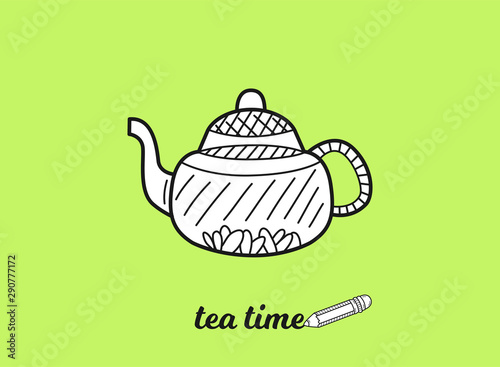 Tea time concept. Poster or banner design. Hand drawn sketch. Vector illustration.