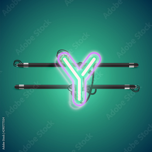 Realistic glowing double neon charcter on and off from a fontset, vector illustration