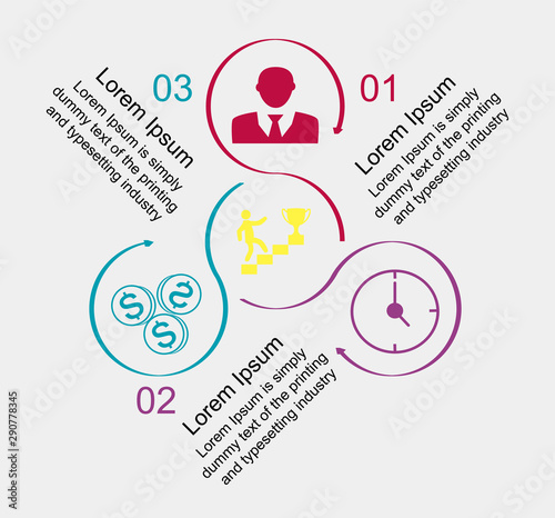 Business data visualization, infographics. Scheme of the process of elements with the help of graphs, diagrams of circles 3D in three stages, icons of numbers, variants, parts. Business vector for pre