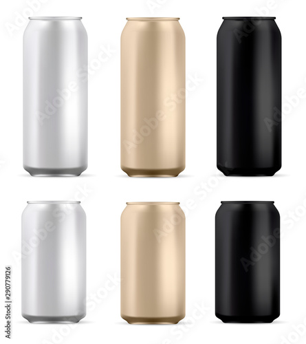 Aluminum can mockup. Beer or soda drink package. Aluminium pack blank mock up, isolated on background. 330 and 500 ml metal tin for cold alcohol or juice beverage. Black, gold and silver design