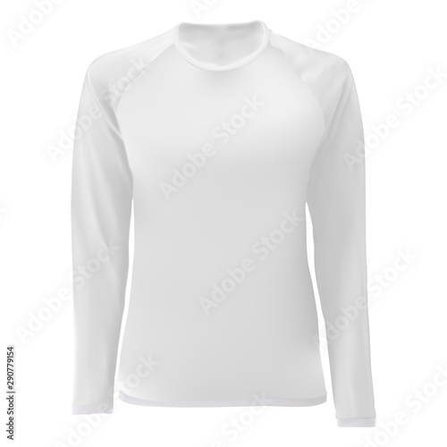 T shirt template. White blank front view. Women long sleeve body. Female apparel. Sport uniform undershirt. Tshirt clothing mock up for printing. Tee shirt for young. Editable print design