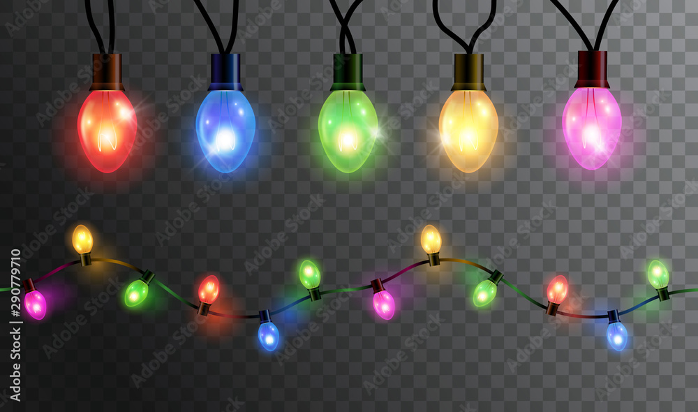 Vector realistic glowing colorful christmas lights in seamless pattern and individual hanging light bulbs isolated on dark background - obrazy, fototapety, plakaty 