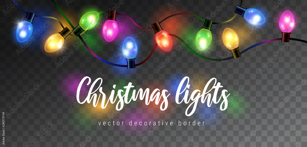 Vector beautiful colorful shining christmas lights garland isolated on dark background - decorative border - obrazy, fototapety, plakaty 