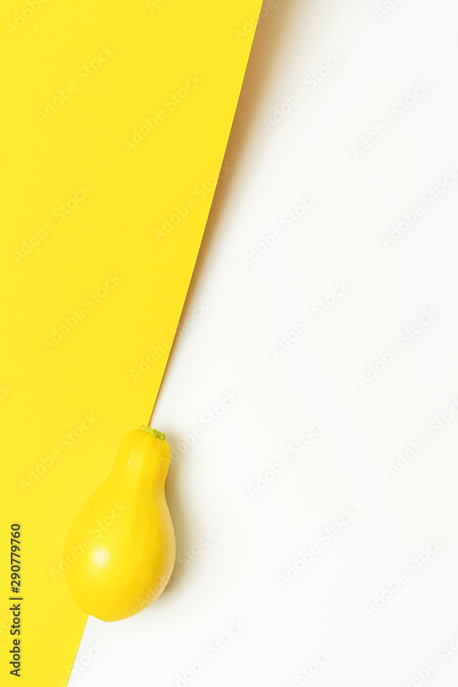 Butternut pumpkin background on vibrant yellow and white backdrop. Flat lay style. Halloween, harvest and fall concept. Butternut pumpkin background on vibrant yellow and white backdrop. Flat lay style. Halloween, harvest and fall concept.