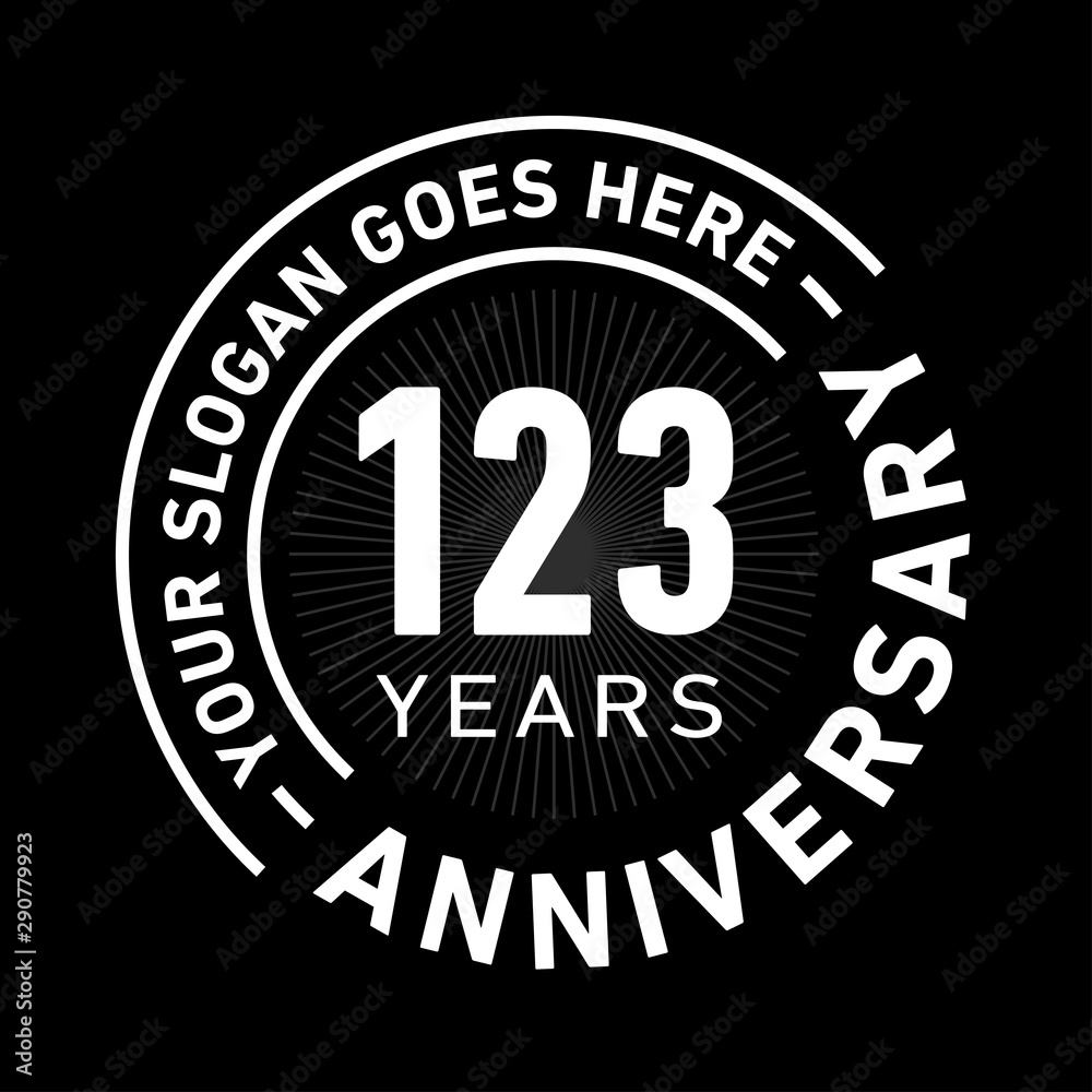 123 years anniversary logo template. One hundred and twenty-three years celebrating logotype. Black and white vector and illustration.