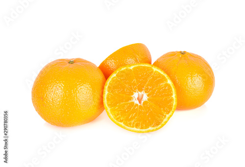 whole and half cut ripe Australian honey murcott mandarin orange on white background