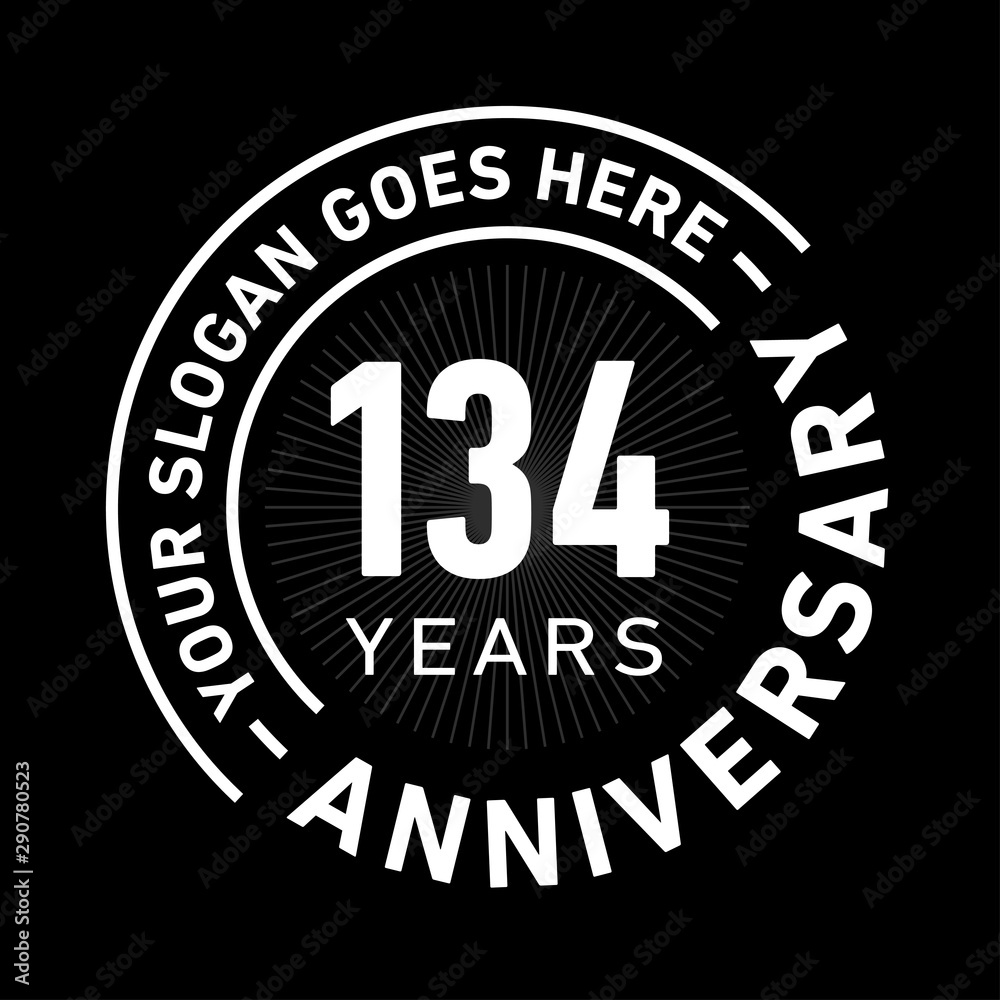 134 years anniversary logo template. One hundred and thirty-four years celebrating logotype. Black and white vector and illustration.