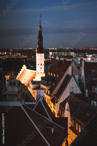 Panorama of the city of Tallinn, in the distance the Townhouse in Tallinn town in the evening. Estonia