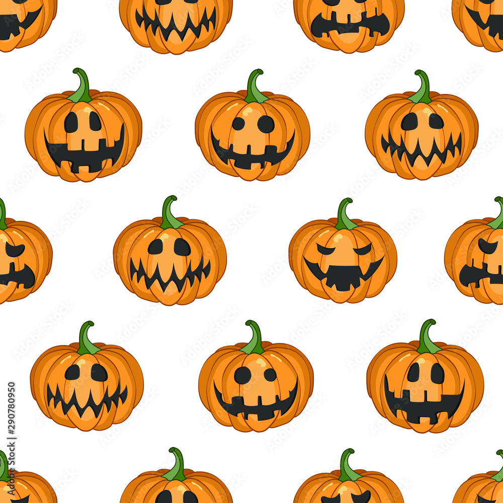 Vector seamless pattern with scary pumpkins for greeting card, gift box, wallpaper, fabric, web design. Isolated on white. Vector seamless pattern with scary pumpkins for greeting card, gift box, wallpaper, fabric, web design. Isolated on white.