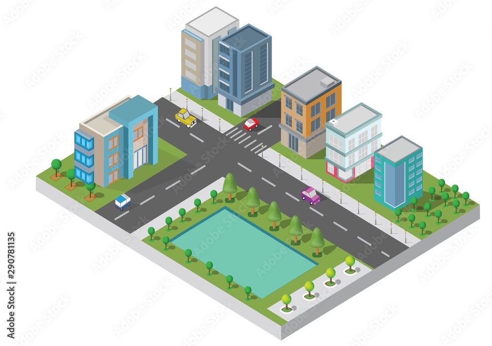 Isometric City Building vector.The town on Yard with road and trees.Bridge over the river.smart city and public park.building 3d,cars,capital,Vector office and metropolis concept. Isometric City Building vector.The town on Yard with road and trees.Bridge over the river.smart city and public park.building 3d,cars,capital,Vector office and metropolis concept.
