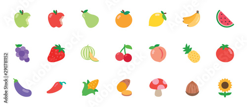 Fruits and Vegetables Vector Illustration Icons Set. Vegetarian Foods. Fresh Organic Food Flat Icons, Emojis, Symbols, Stickers Collection