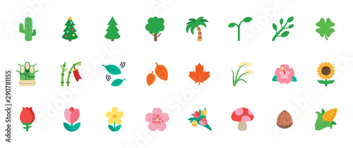 Nature, Floral Icons Vector Set. Trees, Flowers, Leaves Illustration Flat Style Cartoon Symbols, Emojis, Emoticons Collection © streptococcus
