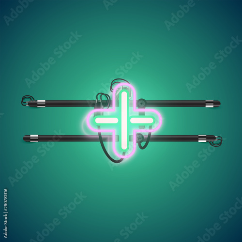 Realistic glowing double neon charcter on and off from a fontset, vector illustration