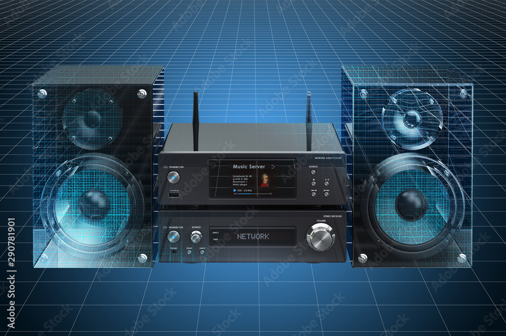 Fototapeta premium Visualization 3d cad model of Home Stereo System, blueprint. 3D rendering