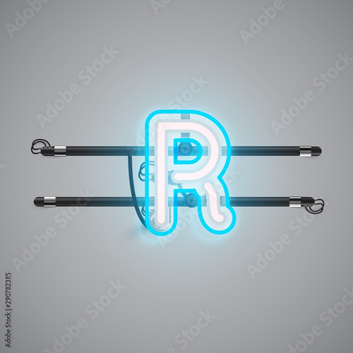 Realistic glowing double neon charcter on and off from a fontset, vector illustration