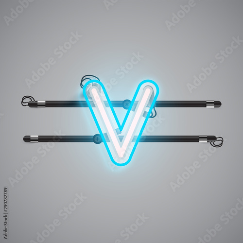Realistic glowing double neon charcter on and off from a fontset, vector illustration