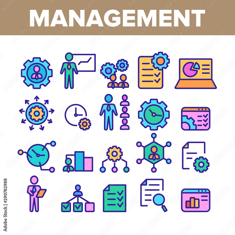 Fototapeta premium Management Collection Elements Icons Set Vector Thin Line. Business Planning And Presentation, Management Staff And Project Concept Linear Pictograms. Color Contour Illustrations