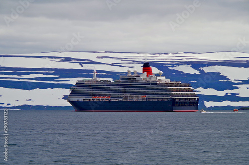 Classic Cunard luxury liner cruiseship Queen Victoria with glacier at sea in Iceland photo