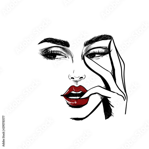 woman face looking left with finger in the mouth