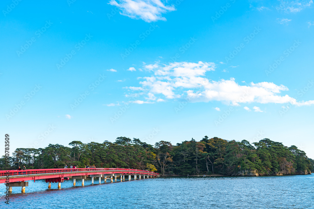 Fukuura Island with Fukuura Bridge in the famous Matsushima Bay. Beautiful islands covered with pine trees and rocks. One of the Three Views of Japan. Miyagi Prefecture, Japan