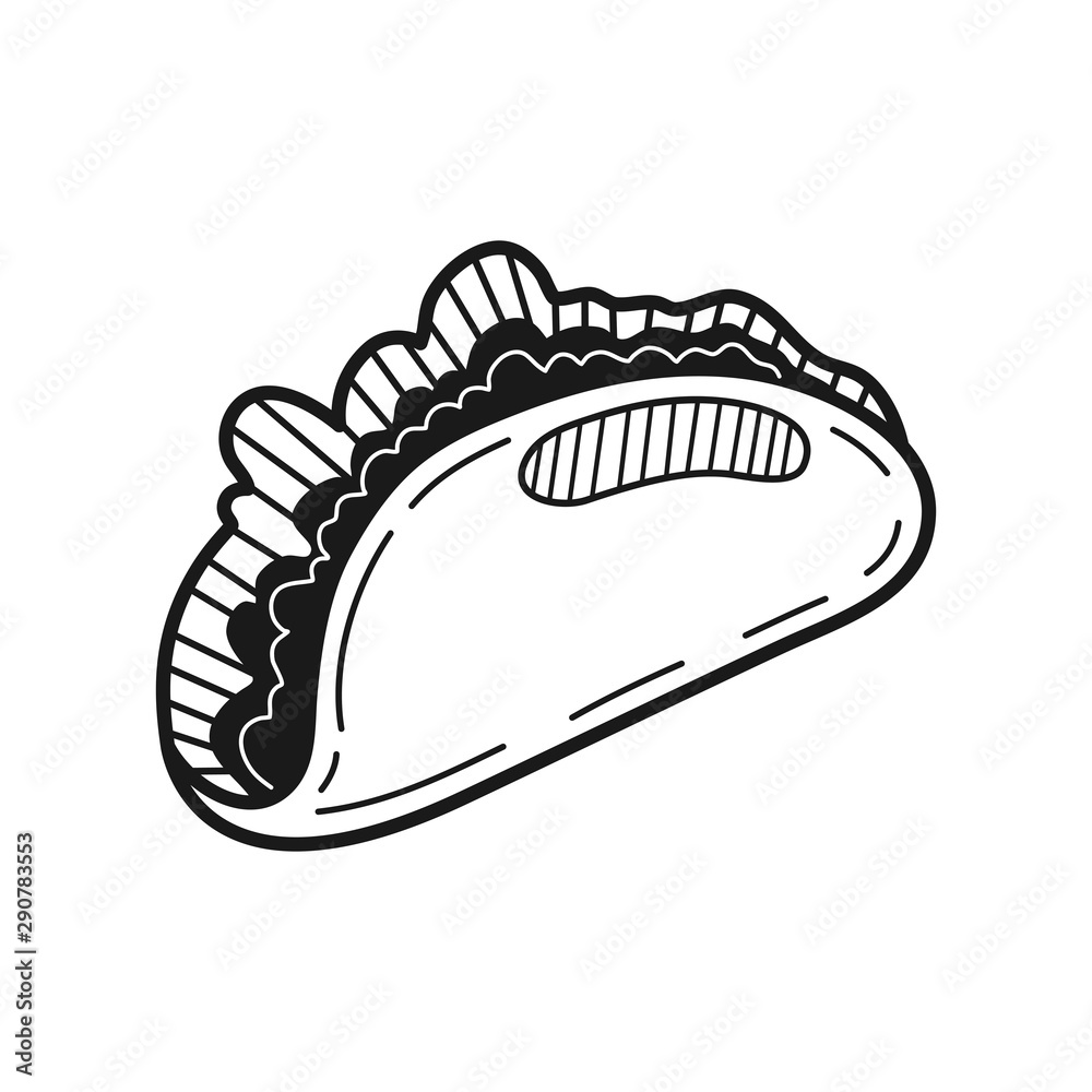 Hand drawn taco isolated on a white. Great for menu, poster or label. Vector illustration. Hand drawn taco isolated on a white. Great for menu, poster or label. Vector illustration.
