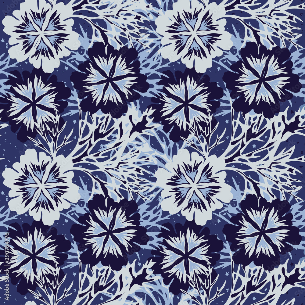 Hand drawn floral winter seamless pattern. Frost patterns. Floral seamless pattern with blue frosty flowers. Vector winter holiday illustration. Winter seamless pattern in blue colors Hand drawn floral winter seamless pattern. Frost patterns. Floral seamless pattern with blue frosty flowers. Vector winter holiday illustration. Winter seamless pattern in blue colors