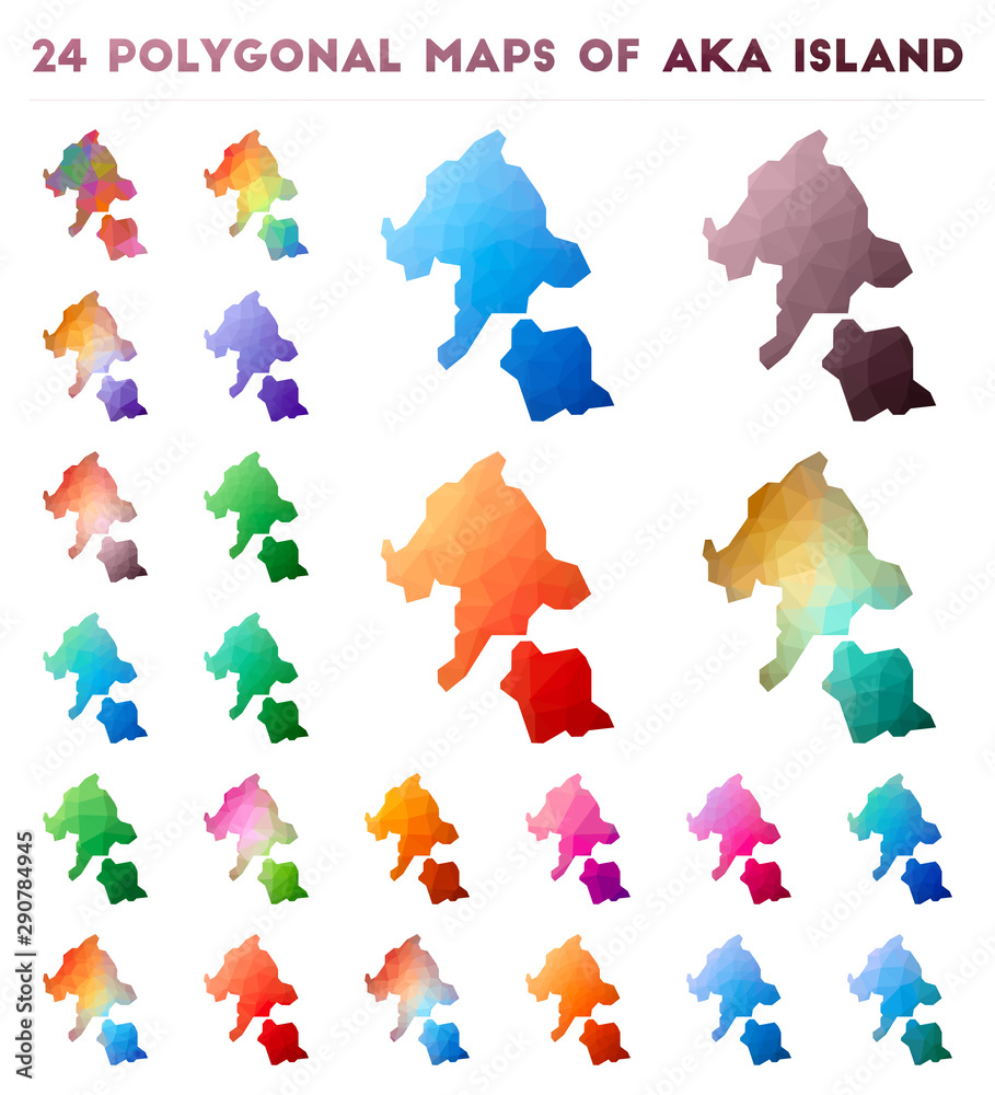 Set of vector polygonal maps of Aka Island. Bright gradient map of island in low poly style. Multicolored Aka Island map in geometric style for your infographics.