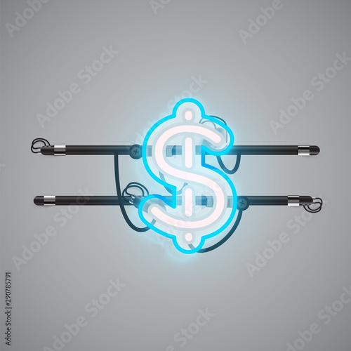 Realistic glowing double neon charcter on and off from a fontset, vector illustration