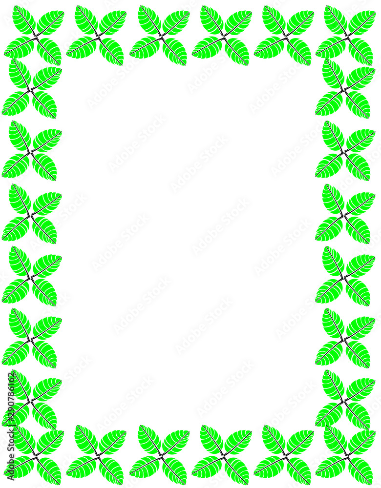 frame with sketch of small green tree leaves and isolated white background