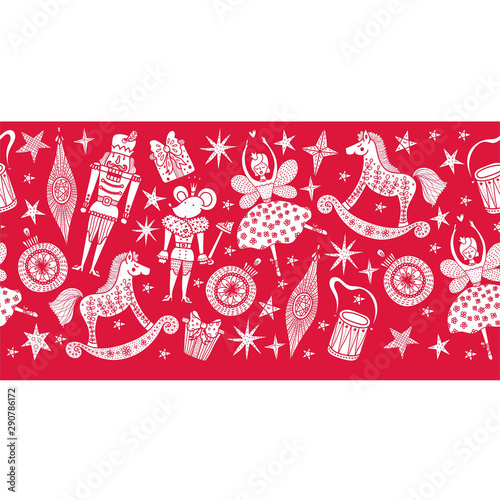 Christmas red horizontal vector seamless Nutcracker pattern.  Seamless pattern can be used for wallpaper, pattern fills, web page background, surface textures.