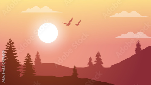 Evening Scene with mountains , birds and beautiful sunset landscape