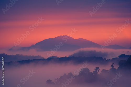 twilight sky in the morning and white sea of mist flow