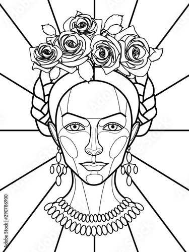 contour illustration for self-coloring with the image of a beautiful girl in a Mexican folk costume. Style stained glass	