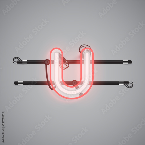 Realistic glowing double neon charcter from a fontset, vector illustration