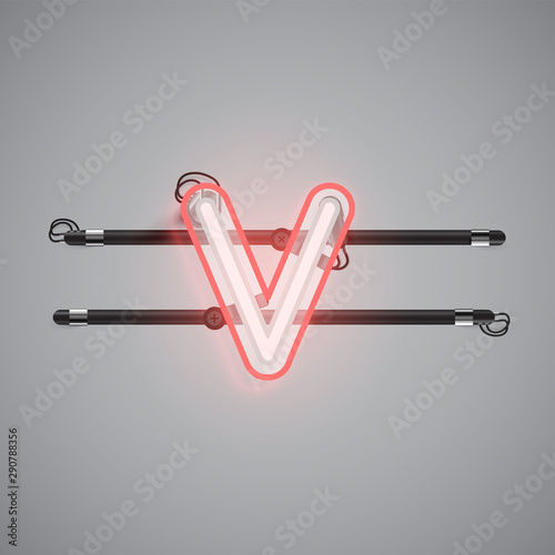 Realistic glowing double neon charcter from a fontset, vector illustration